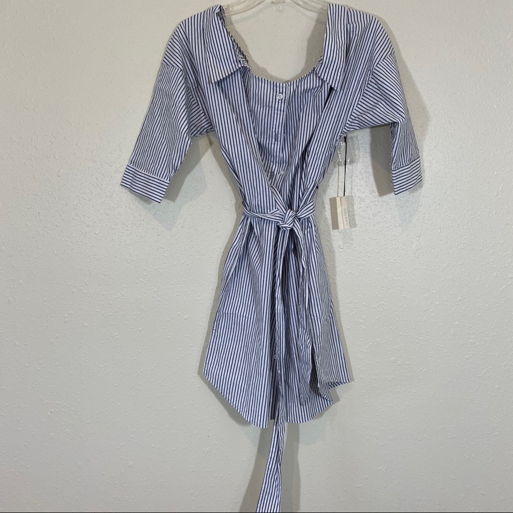 Sneak Peak Shirt Dress Railroad Mini Pinstriped Belted Cuff Sleeves Pocket Beach - Picture 3 of 13